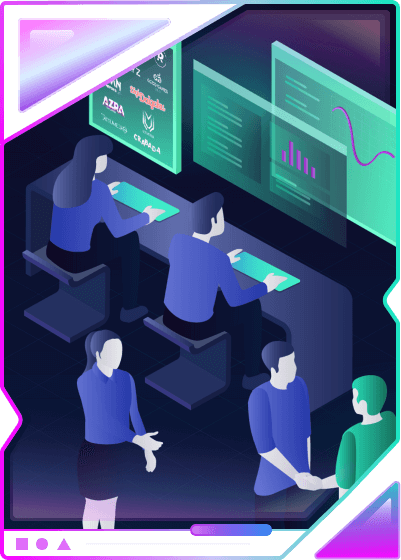 neon scene with people at computers